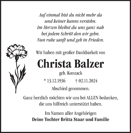 Traueranzeige von Christa Balzer von Märkische Oderzeitung