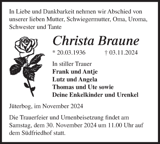 Traueranzeige von Christa Braune von Märkische Oderzeitung