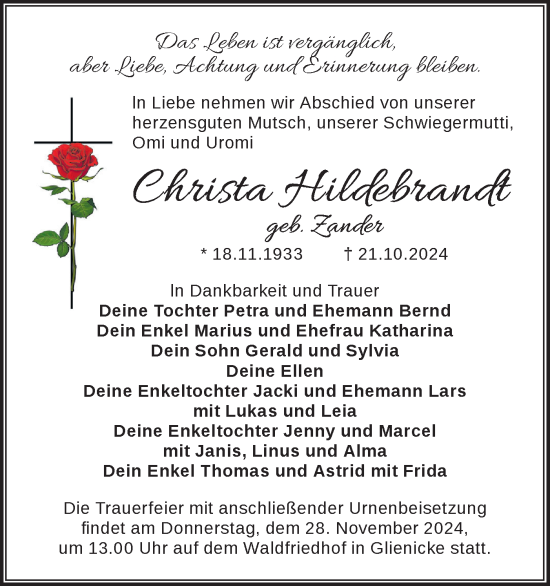 Traueranzeige von Christa Hildebrandt von Märkische Oderzeitung