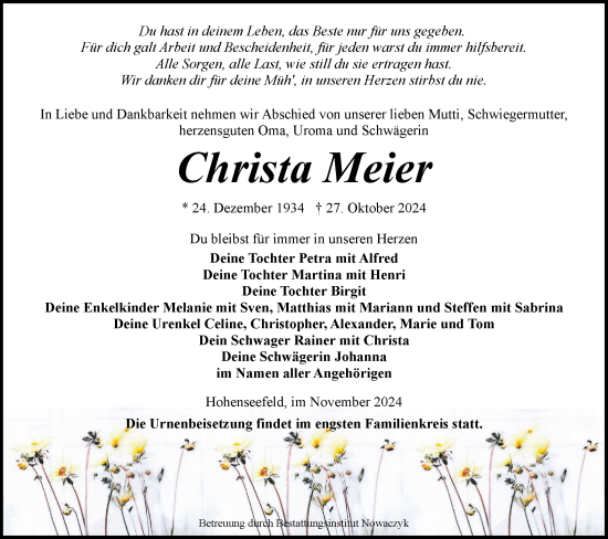 Traueranzeige von Christa Meier von Märkische Oderzeitung