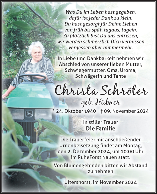 Traueranzeige von Christa Schröter von Märkische Oderzeitung