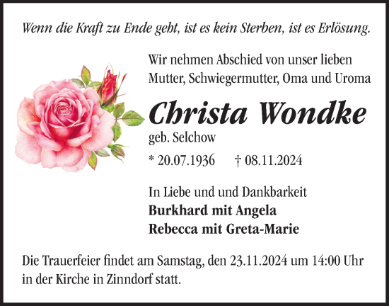 Traueranzeige von Christa Wondke von Märkische Oderzeitung