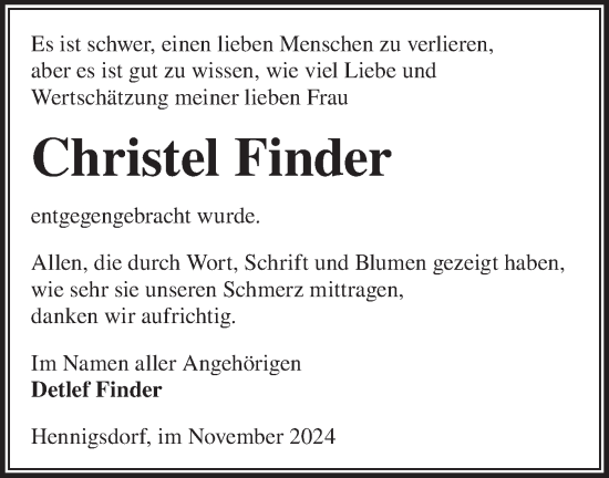 Traueranzeige von Christel Finder von Märkische Oderzeitung