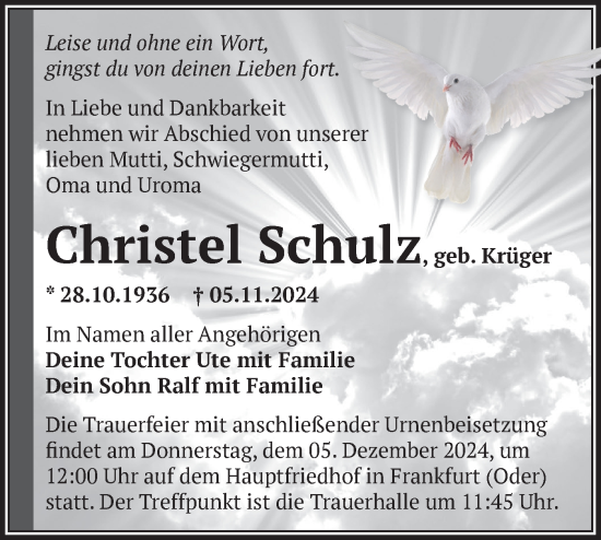 Traueranzeige von Christel Schulz von Märkische Oderzeitung