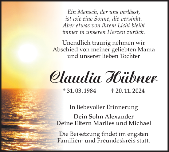 Traueranzeige von Claudia Hübner von Märkische Oderzeitung