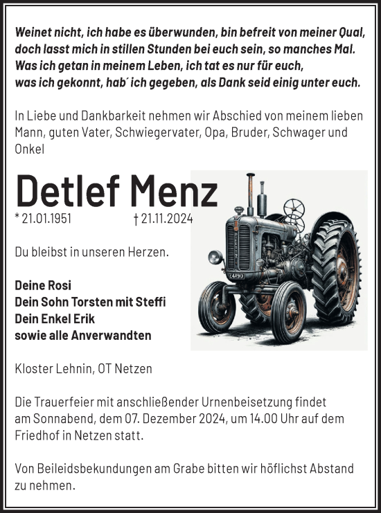 Traueranzeige von Detlef Menz von Märkische Oderzeitung