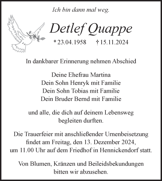 Traueranzeige von Detlef Quappe von Märkische Oderzeitung