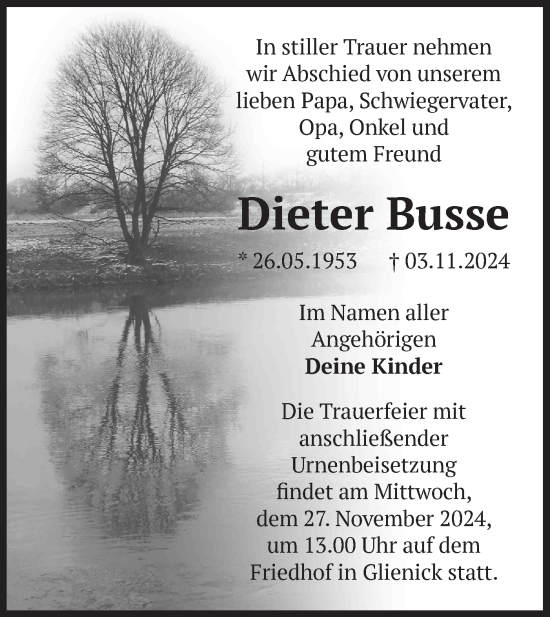 Traueranzeige von Dieter Busse von Märkische Oderzeitung