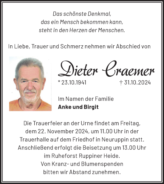 Traueranzeige von Dieter Craemer von Märkische Oderzeitung