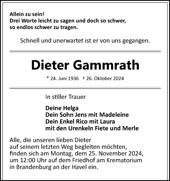 Traueranzeige von Dieter Gammrath von Märkische Oderzeitung