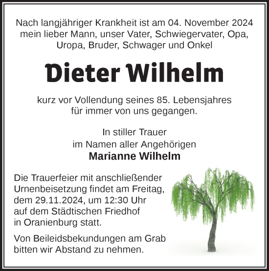 Traueranzeige von Dieter Wilhelm von Märkische Oderzeitung