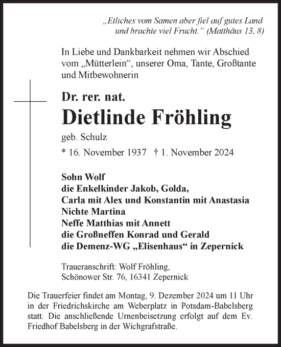 Traueranzeige von Dietlinde Fröhling von Märkische Oderzeitung