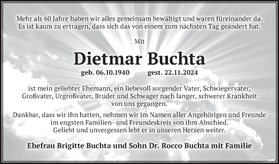 Traueranzeige von Dietmar Buchta von Märkische Oderzeitung