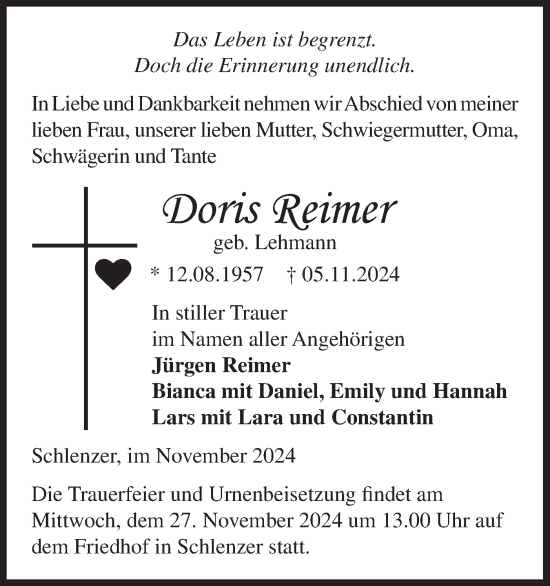 Traueranzeige von Doris Reimer von Märkische Oderzeitung