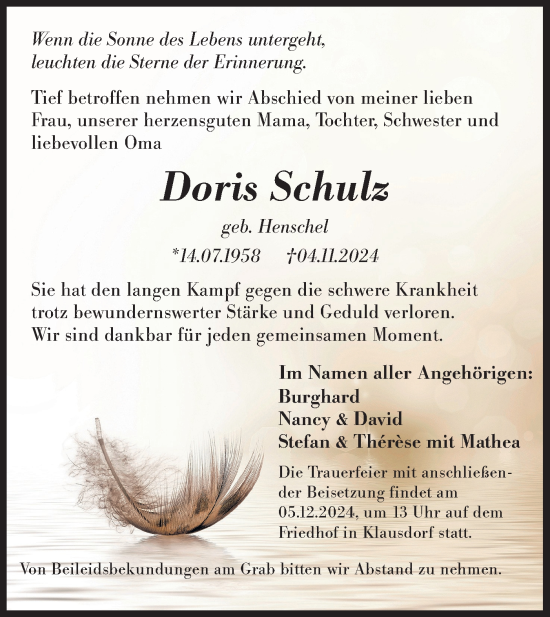 Traueranzeige von Doris Schulz von Märkische Oderzeitung