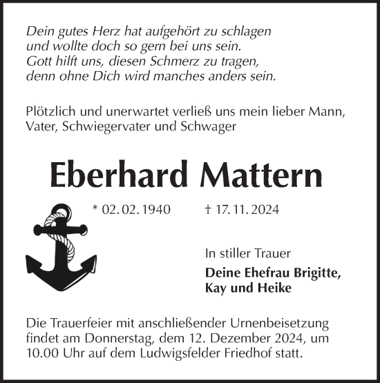 Traueranzeige von Eberhard Mattern von Märkische Oderzeitung