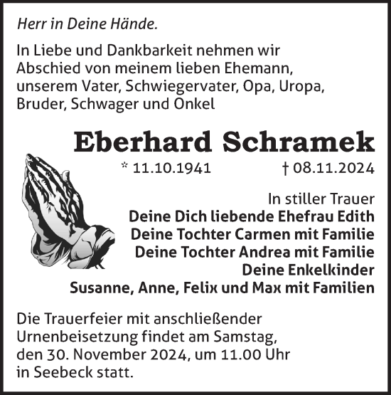 Traueranzeige von Eberhard Schramek von Märkische Oderzeitung