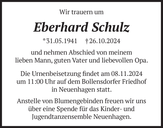 Traueranzeige von Eberhard Schulz von Märkische Oderzeitung