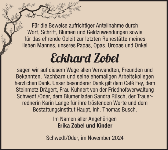 Traueranzeige von Eckhard Zobel von Märkische Oderzeitung