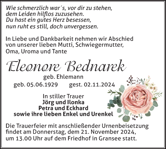 Traueranzeige von Eleonore Bednarek von Märkische Oderzeitung