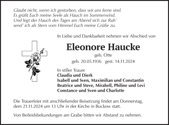 Traueranzeige von Eleonore Haucke von Märkische Oderzeitung