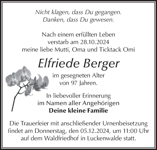 Traueranzeige von Elfriede Berger von Märkische Oderzeitung