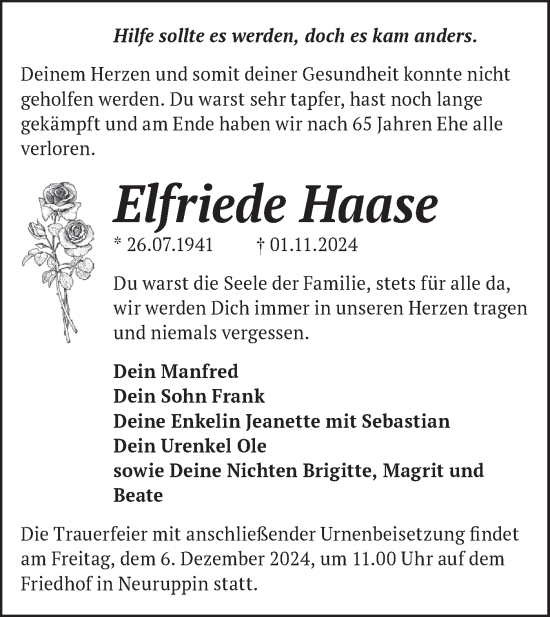 Traueranzeige von Elfriede Haase von Märkische Oderzeitung