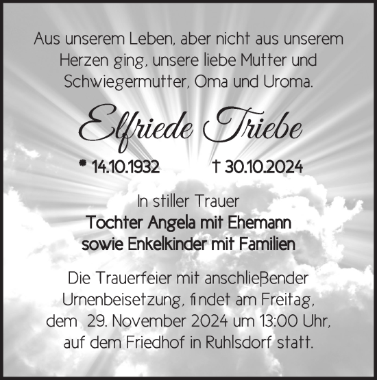 Traueranzeige von Elfriede Triebe von Märkische Oderzeitung