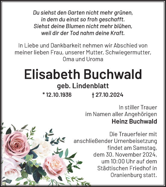 Traueranzeige von Elisabeth Buchwald von Märkische Oderzeitung