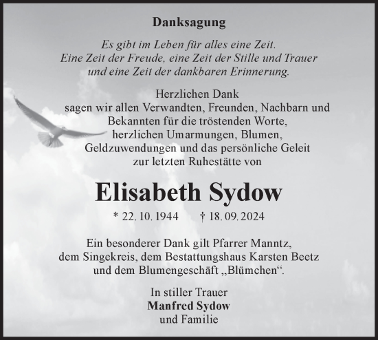 Traueranzeige von Elisabeth Sydow von Märkische Oderzeitung