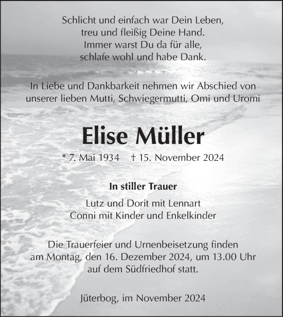 Traueranzeige von Elise Müller von Märkische Oderzeitung