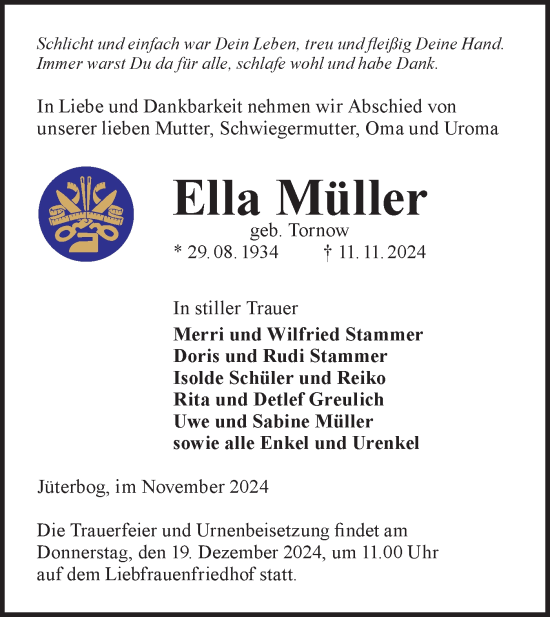 Traueranzeige von Ella Müller von Märkische Oderzeitung