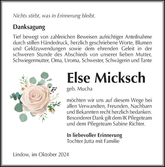 Traueranzeige von Else Micksch von Märkische Oderzeitung