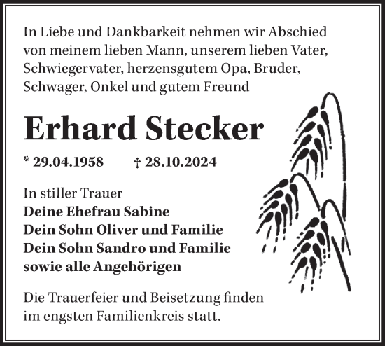 Traueranzeige von Erhard Stecker von Märkische Oderzeitung