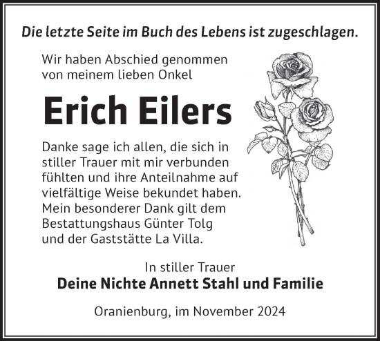 Traueranzeige von Erich Eilers von Märkische Oderzeitung