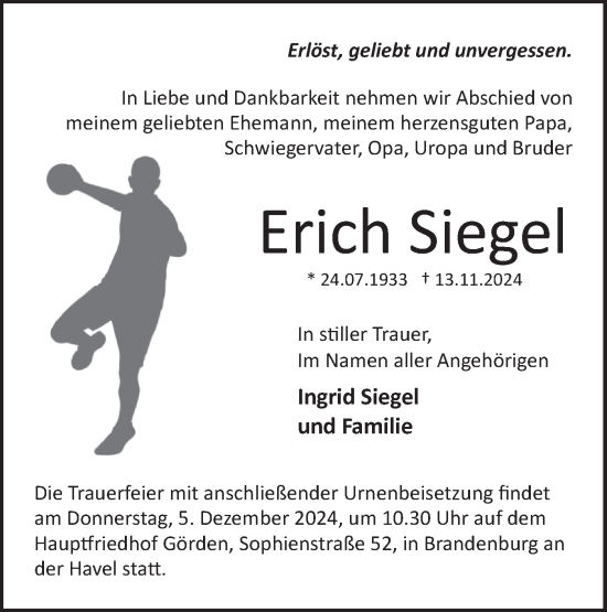 Traueranzeige von Erich Siegel von Märkische Oderzeitung