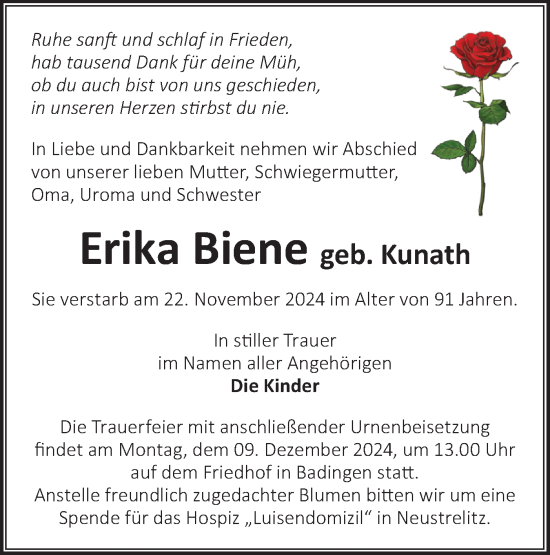 Traueranzeige von Erika Biene von Märkische Oderzeitung