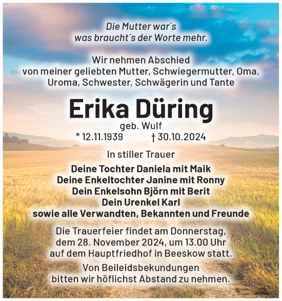 Traueranzeige von Erika Düring von Märkische Oderzeitung