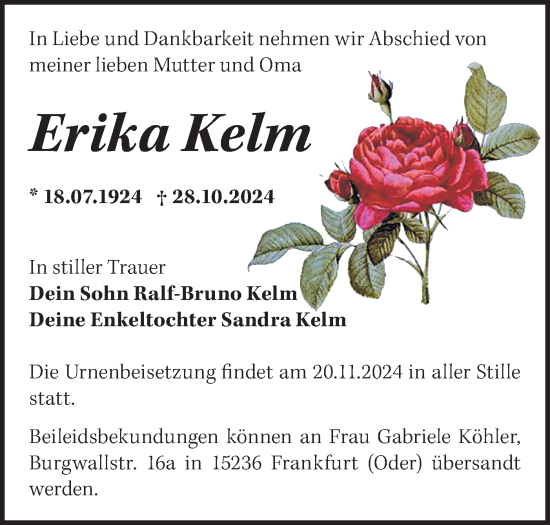 Traueranzeige von Erika Kelm von Märkische Oderzeitung