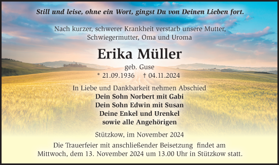 Traueranzeige von Erika Müller von Märkische Oderzeitung