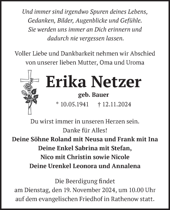 Traueranzeige von Erika Netzer von Märkische Oderzeitung