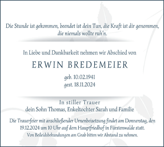 Traueranzeige von Erwin Bredemeier von Märkische Oderzeitung