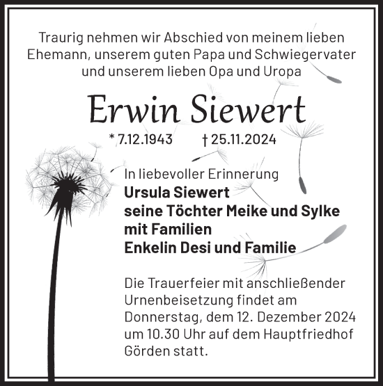 Traueranzeige von Erwin Siewert von Märkische Oderzeitung