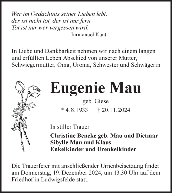 Traueranzeige von Eugenie Mau von Märkische Oderzeitung