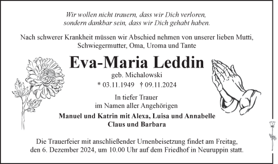 Traueranzeige von Eva-Maria Leddin von Märkische Oderzeitung