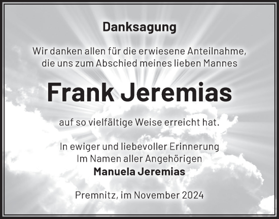 Traueranzeige von Frank Jeremias von Märkische Oderzeitung