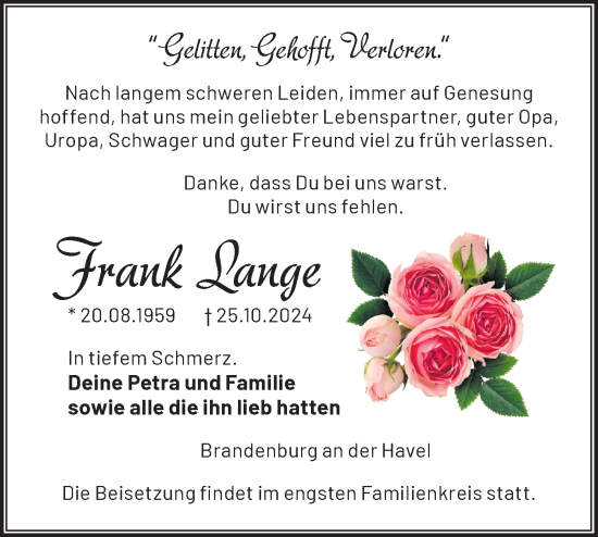 Traueranzeige von Frank Lange von Märkische Oderzeitung