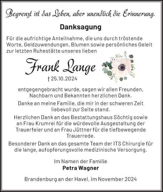 Traueranzeige von Frank Lange von Märkische Oderzeitung