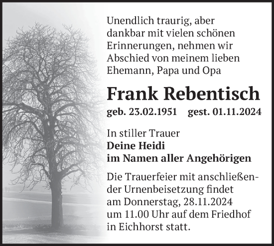 Traueranzeige von Frank Rebentisch von Märkische Oderzeitung