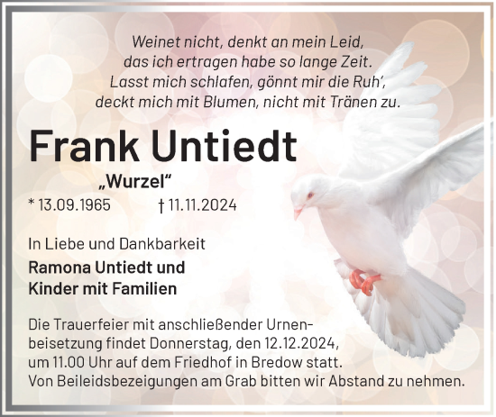 Traueranzeige von Frank Untiedt von Märkische Oderzeitung